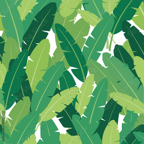 Overlapping shades of green banana leaves create a dense, vibrant tropical pattern