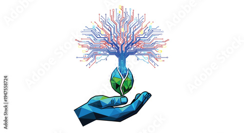 A stylized low-poly hand with blue and green tones cradles a digital tree formed from intricate circuit board patterns.