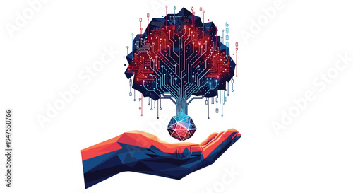 A stylized low-poly hand with red and blue tones cradles a digital tree formed from intricate circuit board patterns.