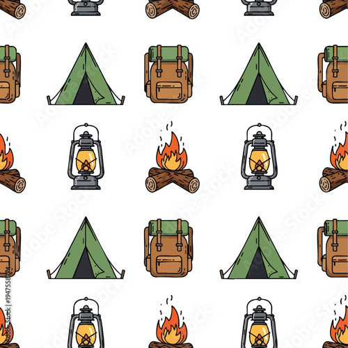 Seamless pattern with camping icons tents, backpacks, lanterns, campfires, logs