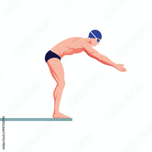 Swimmer poised on starting block, lean physique, blue cap, goggles, dark briefs