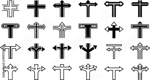 Collection of Cross Arrow Icons Set, Directional Arrow Cross Shapes, Abstract Navigation Symbols, Geometric Crossroads Indicators, Minimal Black Vector Icon Pack Isolated