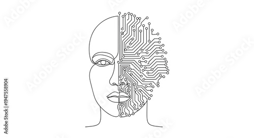 A minimalist black line art drawing of a human face in frontal profile, with the right half intricately replaced by a detailed circuit board pattern on a clean white background.