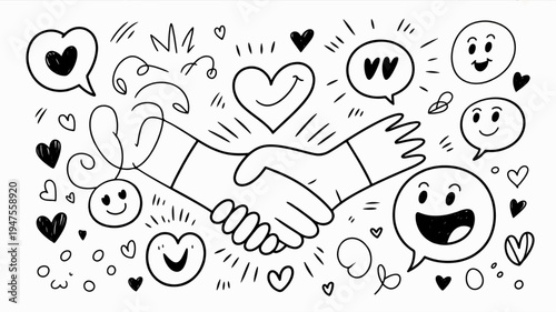 Handshake agreement with happy smiley faces and hearts symbolizing friendship and partnership