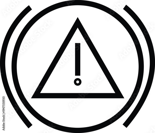 Black and white vector icon of a car brake warning light, featuring a triangular exclamation mark inside a circle with two curved lines on the sides