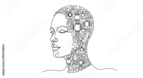 A minimalist black line art drawing of a human head in side profile, with the entire right side of the head and neck composed of a detailed circuit board pattern with small square chips.