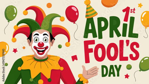 Colorful april fools' day illustration with jester and balloons on festive background