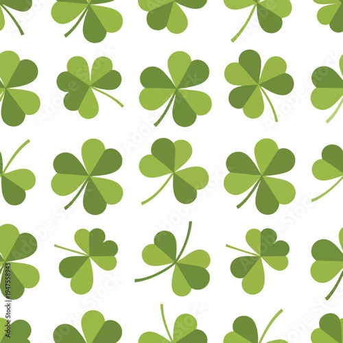 A repeating pattern of green shamrocks on a white background