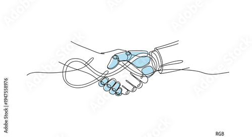 A continuous black line art drawing shows a human hand shaking a robotic hand, with light blue accents on the robot's fingers and an infinity loop in the connection, on a clean white background.