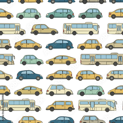 A repeating pattern of diverse vehicles including cars and buses, in various colors