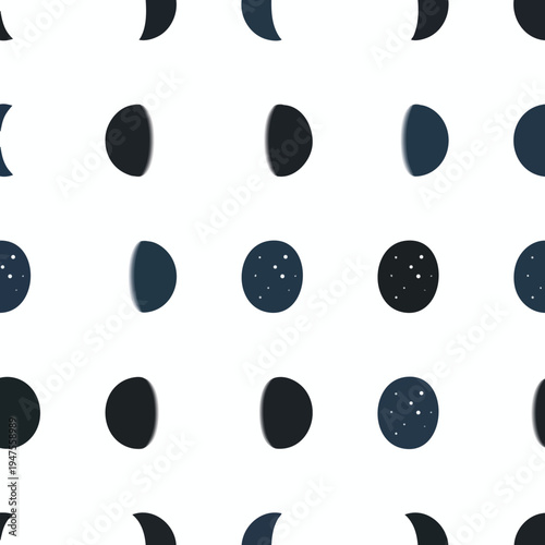 Seamless pattern of moon phases and starry nights on white