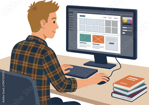 A man works on a computer with books nearby in an office.