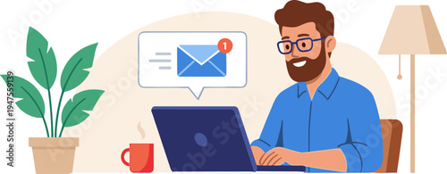 Man sitting at desk working on laptop with plant and lamp nearby