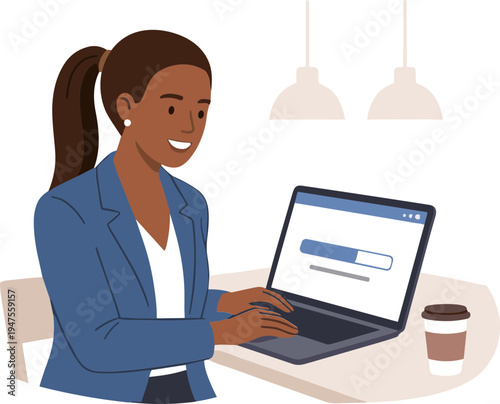 Businesswoman working on laptop at desk with coffee