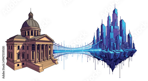 A classical domed building with columns connects to a futuristic floating city featuring angular blue skyscrapers via a glowing blue data stream bridge.