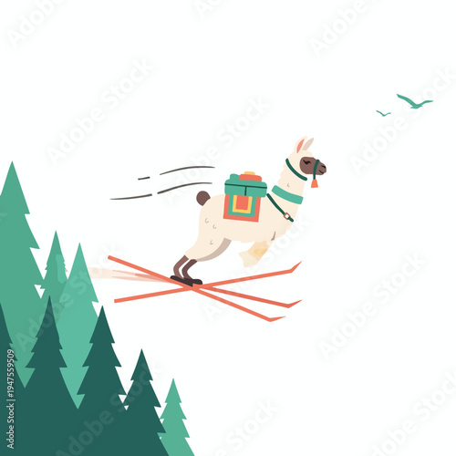 A whimsical llama in mid-air on skis, with a saddlebag, over evergreen trees