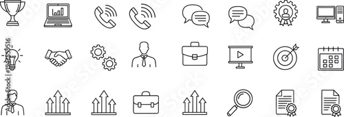 Business and communication line icon set including trophy, laptop analytics, phone calls, chat bubbles, handshake, target, calendar and corporate strategy symbols