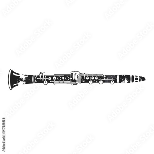 Black clarinet illustration with distressed texture