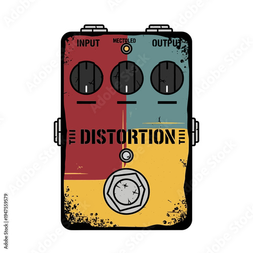 Distortion guitar pedal with vintage look and colorful design