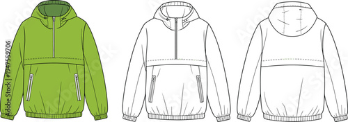 Hooded Anorak Jacket Technical Flat Sketch Vector Template with Half Zip and Pocket for Fashion Design CAD Tech Pack Mockup