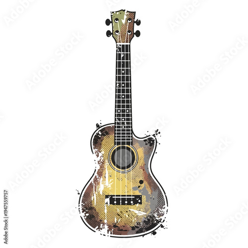Ukulele guitar with distressed texture, grunge style, isolated on white