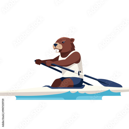 A cartoon beaver in a rowboat, wearing a white tank top and blue shorts, paddles a canoe on blue water
