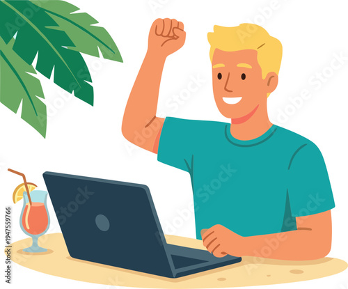 Man Celebrates Success on Laptop at Tropical Beachside Table with Drink