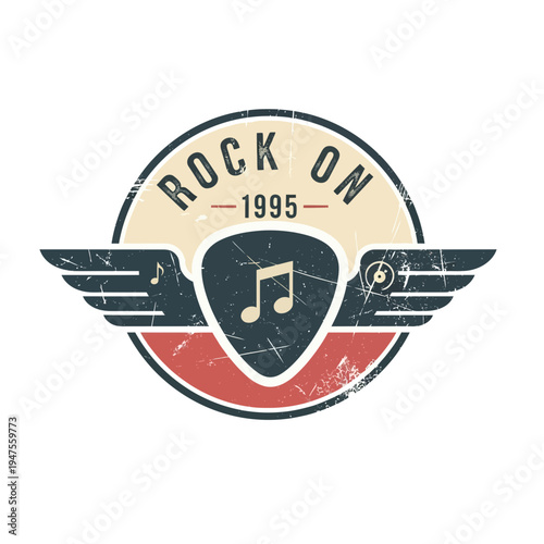 Rock Music Logo Badge with Wings and Guitar Pick