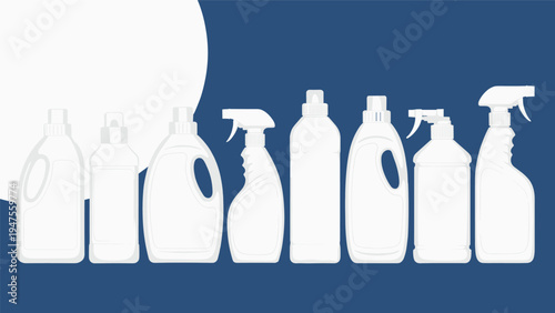 Silhouettes of household cleaning product bottles and spray containers are lined up against a dark blue background with white circle.