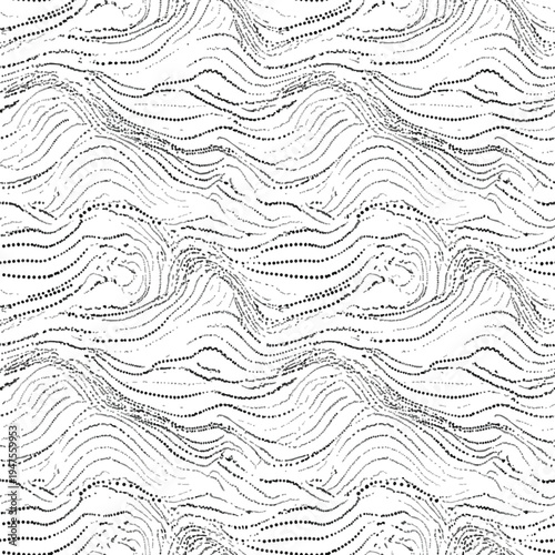 Abstract monochrome pattern of swirling, dotted lines resembling waves or contours