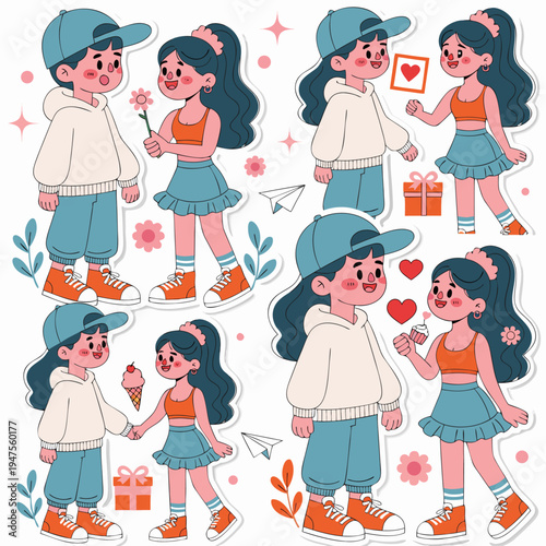 A cartoon illustration of a boy and girl in various romantic poses with gifts and flowers