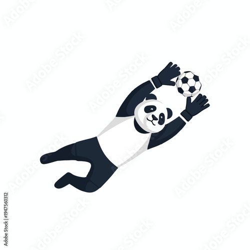 Animated panda in goalie gear makes a diving save of a soccer ball