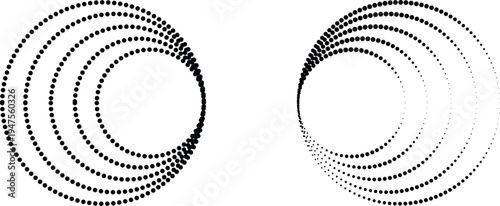 Concentric Dotted Circle Gradient Graphics, Minimalist Halftone Radial Vector Set, Optical Illusion Spiral and Dot Icons.