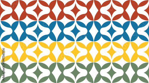 Colorful geometric pattern with interconnected shapes in rows of red blue yellow green on white background