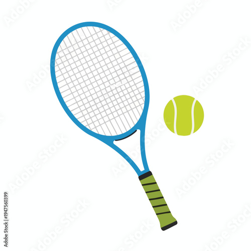 A blue tennis racket with green grip and a yellow tennis ball