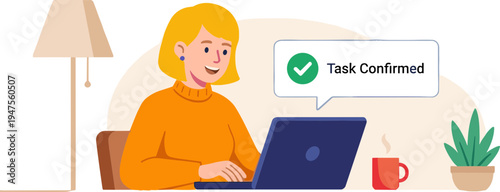 Woman sitting indoors working on laptop with coffee and plant nearby