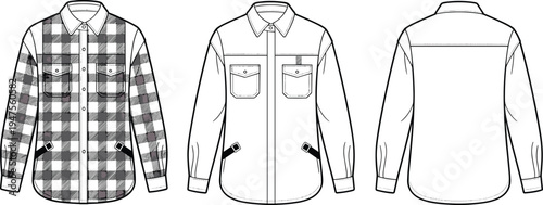 Long Sleeve Button Down Shirt Technical Flat Sketch Vector Template with Plaid Pattern and Pockets for Fashion Design CAD Mockup