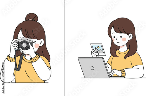 Cute cartoon woman photographer taking photo with camera and editing images on laptop, digital photography workflow concept flat vector illustration