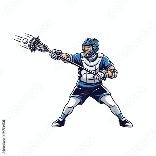 Player in blue uniform with helmet and chest protector throws lacrosse ball