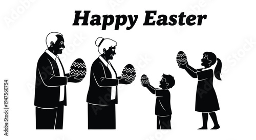 Happy Easter vector graphic showing an intergenerational family exchanging decorated eggs in celebration