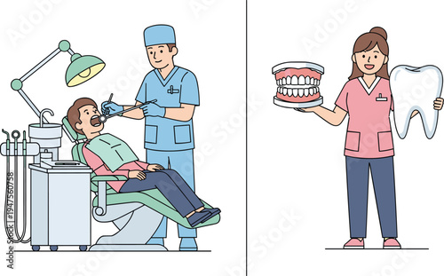 Dentist treating patient in dental clinic and dental hygienist showing tooth model oral healthcare dentistry treatment and hygiene education illustration