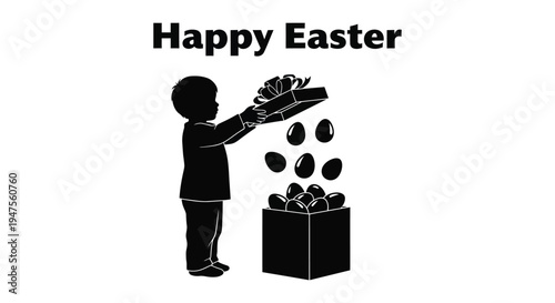 Simple black and white vector graphic illustration showing a child opening a gift box full of eggs