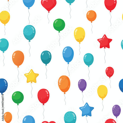 A festive background filled with colorful balloons and star shapes on a white canvas