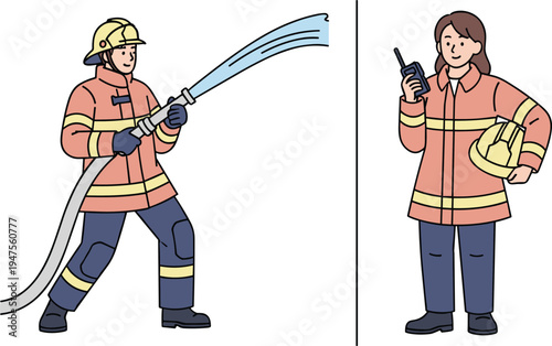 Firefighters working with fire hose and communicating by radio emergency rescue service firefighting safety team illustration