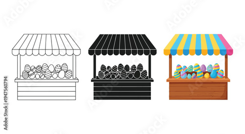 Collection of three distinct vector graphic illustrations showing Easter egg sales stall design variations