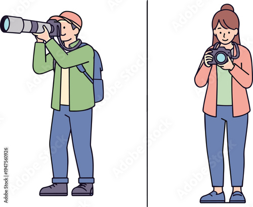 Photographers taking pictures with professional cameras and telephoto lens outdoor photography hobby travel and nature photography illustration