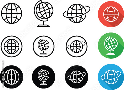 Globe Icon Set World, Earth and Global Symbols in Flat, Line and Circle Styles