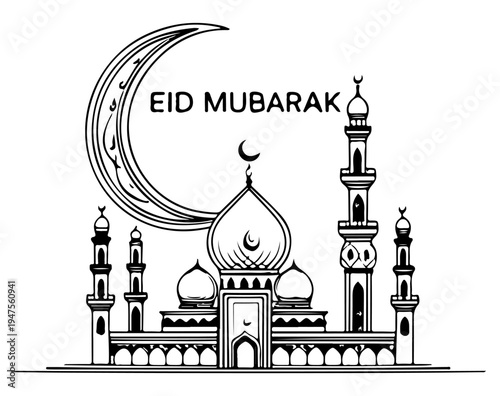 Grand Mosque Illustration with Eid Mubarak Text and Crescent Moon Vector