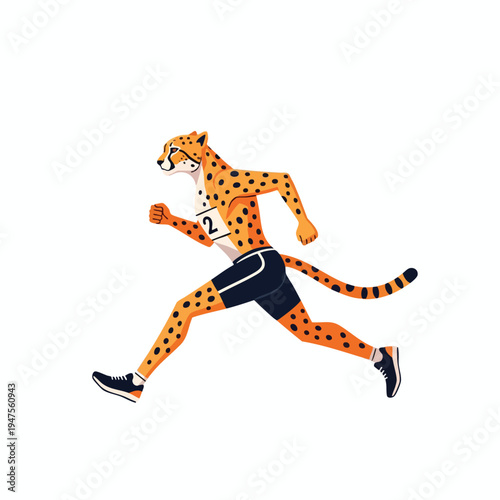 Anthropomorphic cheetah in running shorts and bib races forward