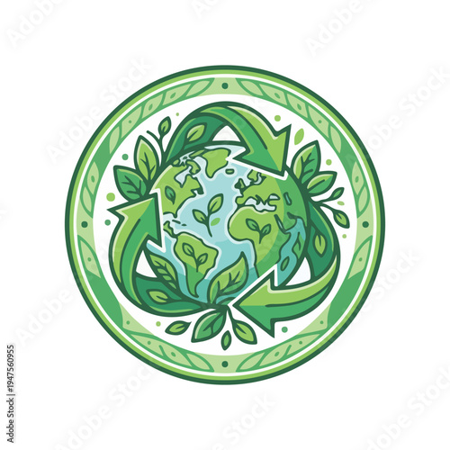 Earth Globe with Green Leaves Circle.